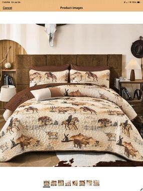 Western Cowboy Bronco Horse Ranch Print Quilt Set Beige & Brown Queen